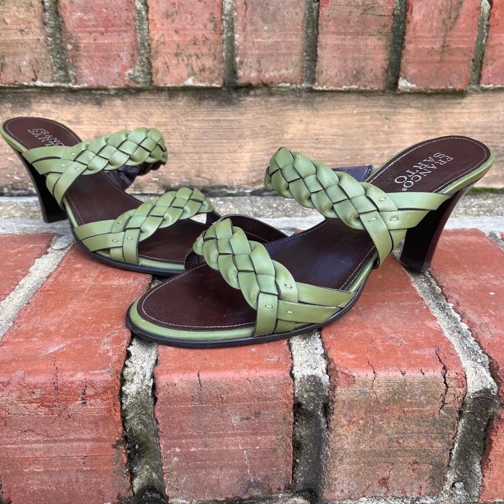 Franco Sarto Green Leather Braided Slip On Heeled Mule Sandals | Size: 8M